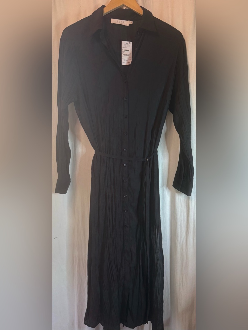 🖤ASTR the Label Belted Long Sleeve Crinkle Midi Shirtdress🖤